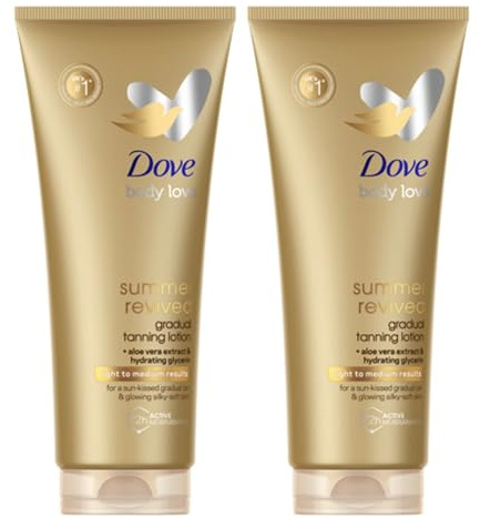 Dove Summer Revived Light to Medium Gradual Tanning Lotion for a gradual tan and natural, radiant glow non‑greasy self-tan for all skin types 200 ml x2