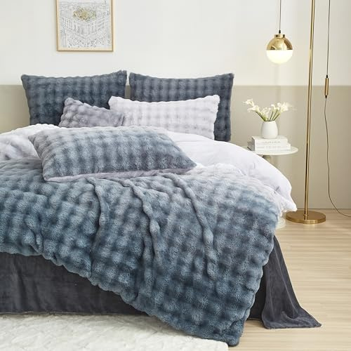 Ropa de cama de invierno cálida de 135 x 200 cm, color azul degradado de color azul, mullida, de felpa, tacto de cachemira, reversible, 3 piezas, funda nórdica con cremallera y 2 fundas de almohada de