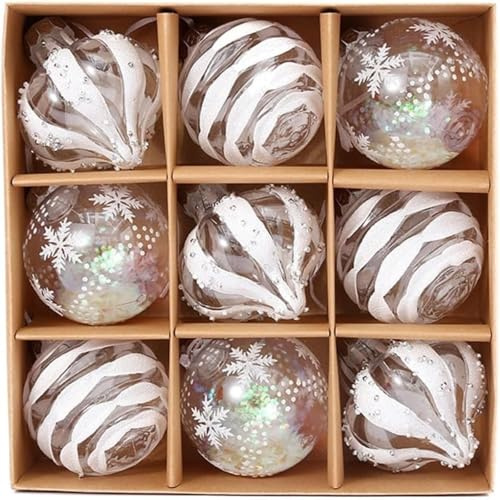 KWJTOY 9 Palline Decorative Natalizie, Palline di Vetro da 8 cm, Ornamenti Trasparenti Glitterati, Decorazioni per Albero di Natale, Feste e Festival