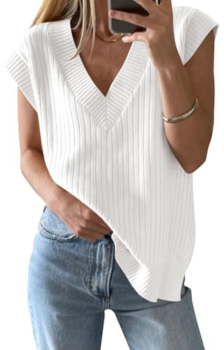 Saodimallsu Pull sans manches à col en V pour femme - Gilet surdimensionné - Débardeurs - Tricot léger - Haut élégant d'été, Blanc., S