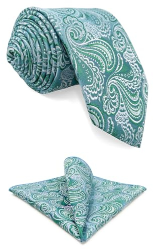 S&W SHLAX&WING Set de Corbata y Pañuelo de Bolsillo Paisley Verde Azul Claro Blanco para Hombre 147cm