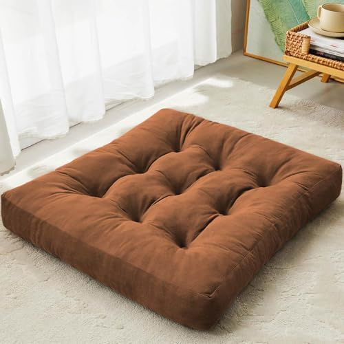 DAWNTREES Floor Pillow,1 Pack Square Large Pillows Seating for Adults, 55x55x10 cm Gray Tufted Corduroy Cushions for Outdoor Yoga Tatami Fireplace Living Room, Brown