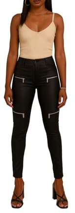 Crazy Lover Femme Pantalon Simili Cuir Taille Mi-Haute – Pantalon Effet Cuir Stretch avec Poches Zippées Devant (S, Noir 3)