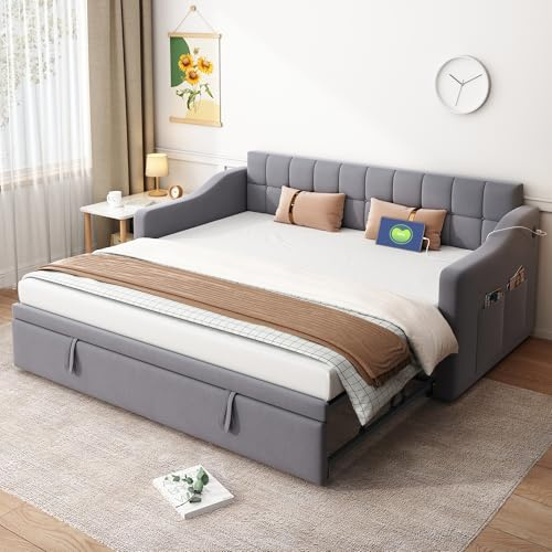 Trdlpyn Divano Letto Estraibile 90/180 x 190 cm, Divano Letto Imbottito con Porta USB e Tasche Portaoggetti, Rete a doghe, Letto per Ospiti Tessuto in Velluto, Grigio((Sans Materasso)
