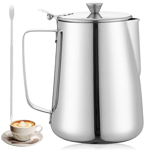 Aicharynic Brocca per latte da 1000 ml: bricco per latte in acciaio inox, con coperchio, per caffè e cappuccino