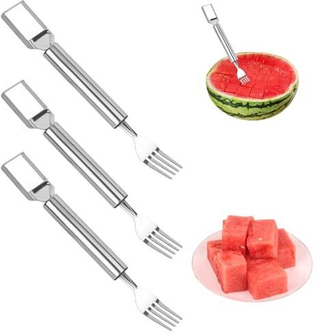 lasuroa 3 Pezzi 2 in 1 Taglia Anguria, Taglia Anguria Fette Acciaio Inox 2025 Doppia Testa Portatile Forchetta per Frutta Utensile da Taglio Utensili da Cucina per Campeggio Picnic e Casa