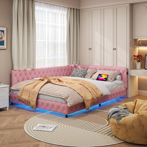 JYNVO Cama Infantil para Niña de 140x200 cm, Cama Juvenil Sofá con Iluminación LED Inteligente y Puertos de Carga USB/Tipo C, Somier de láminas, Terciopelo Teddy Suave, Rosa, Sin Colchón