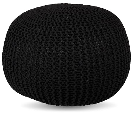 Pouf Relaxdays, tricoté, HxP : 33 x 46 cm, Rembourrage en polystyrène, Coussin de Sol Rond, Tabouret Boho, Pouf, Noir