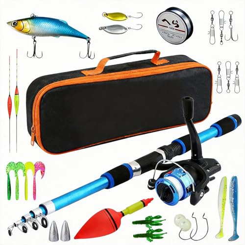 Juego de 2 accesorios de pesca, caña de pescar telescópica, 1,8 m, con carrete, cebo, flotador grande, campana, bolsa de transporte