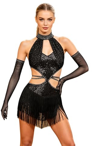 Miaeowve Jazz danskostym, damer, latinamerikanska dansklänningar, ärmlösa fransar, Charleston-klänning, paljetter, strass, glitter, fransklänning, klänning med handskar, svart, XL