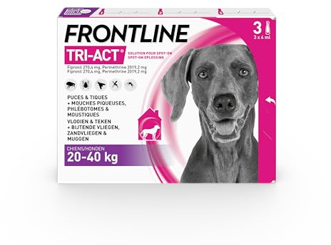 FRONTLINE Tri-Act Chien - Anti Puces, Tiques, Moustiques, Phlébotomes & Mouches - Traitement Radical En 6h - Pour Gros Chien De 20 à 40 kg - Fabriqué En France - 3 Pipettes Application Spot On