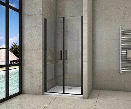AICA porte de douche 80x200cm porte de douche battante noir en 8mm verre anticalcaire