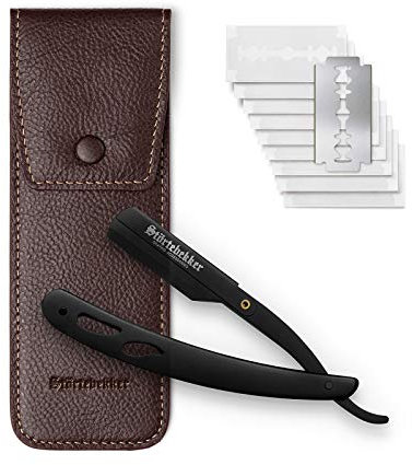 Störtebekker® Premium Rasiermesser im handgefertigten Lederetui + Alaunstift - Straight Razor mit Rasurguide [10 Störtebekker Klingen] - Geschenkidee - Rasiermesser Set - Nassrasierer in Top-Qualität