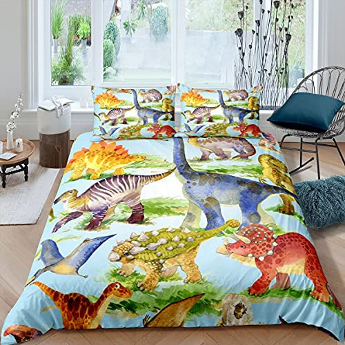 Loussiesd Kinder Jungen 135x200cm Bettwäsche Set Dinosaurier Bettwäsche für Jugendliche Mädchen Karikatur Tiere Dino Muster Bettbezug Set Super Sanft Mikrofaser Dinosaurs Betten Set Bunte 2 Stücke