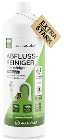 hauszauber - Abflussreiniger [EXTRA STARK] 1000 ml - Löst Speisereste, Öle, Fette & Haare - Profi Rohrreiniger für Badewanne, Waschbecken, Dusche, Siphon, Bad und Küche - Abflussfrei & Haarweg