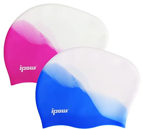 ipow Hochwertige Silikon Badekappe Bademütze Badehaube für Lange Haare gesund und warm Swin Cap (6. Weiß+Purple+Blau)