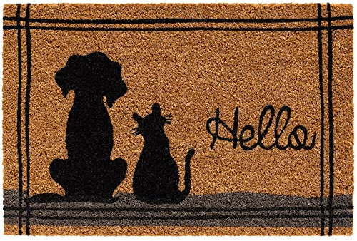 Felpudo de coco para interior y exterior, 40 x 60 cm, fibra de coco, con texto en alemán Hello  Gato perro como divertido felpudo para limpiar la puerta de casa, pasillo, jardín