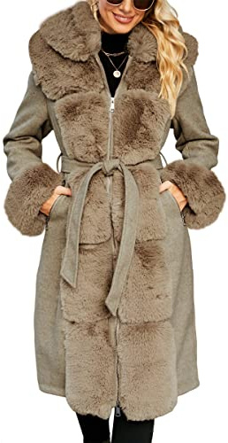 Giolshon Veste Doublée de Mélange de Laine pour Femme avec Capuche et col en Fourrure Épaissir Long Pardessus Ceinturé 244A Kaki XL