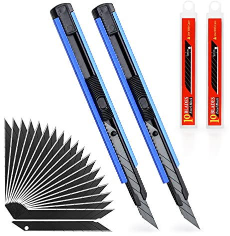 EHDIS 2 pezzi Taglierino Cutter Professionale 9mm con 20 Lame a Scatto, Taglierini Retrattili, con Corpo in Alluminio, Taglierino Multiuso Autobloccante, per Tagli di Precisione, Blu