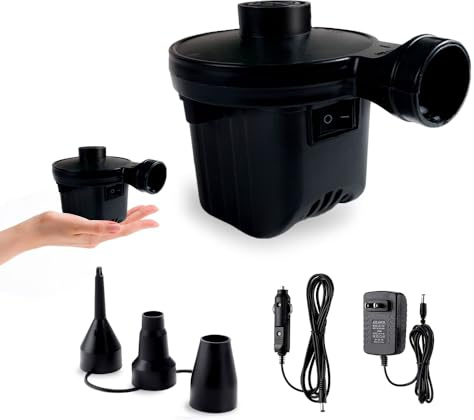 Electric Air Pump,Portable Quick-Fill Air Pump, Air Mattress Pump with 3 Nozzles for Inflatable Boat, Air Mattress Beds,Swimming Ring.Compatible with Home and car Adapter by Inscool (110V AC/12V DC)