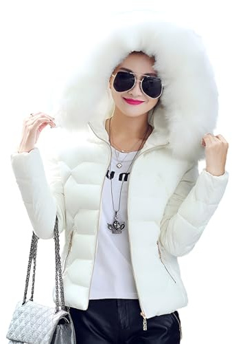 ANUFER Donna Moda Piumino Trapuntato vestibilità Slim Inverno Cappotto Corto con Cappuccio in Pelliccia Sintetica SD5A1012 Bianco S