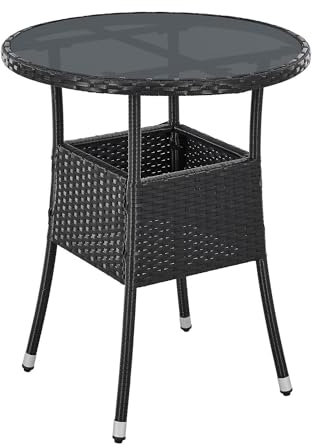 Juskys Polyrattan Gartentisch Yoro wetterfest - Balkontisch Ø 60 cm rund - Rattan Beistelltisch mit Glasplatte - Kleiner Tisch für Balkon - Schwarz