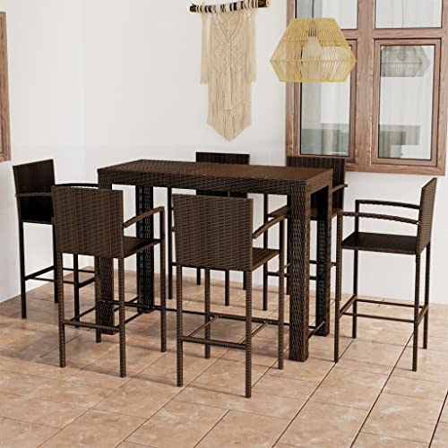 QZZCED Juego de muebles de balcón para jardín, muebles de jardín, muebles de jardín, 7 piezas, juego de bar con reposabrazos de poliratán marrón para jardines, terrazas, balcones
