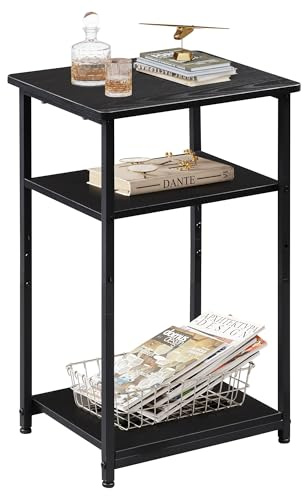 WLIVE WLVE 3-Tier Side Table with Steel Frame, Adjustable Feet, 19kg Top Shelf Capacity, 56 x 37 x 31cm, End Table for Living Room, Bedroom, Office, Embossed Black