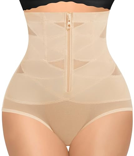 KUMAYES Braga Faja Reductora Mujer Invisible Cintura Alta Shapewear Adelgazante Braguitas Moldeadoras Abdomen Postparto Sin Costuras Shapewear (FR/ES, Letras, L, Regular, Regular, Beige)