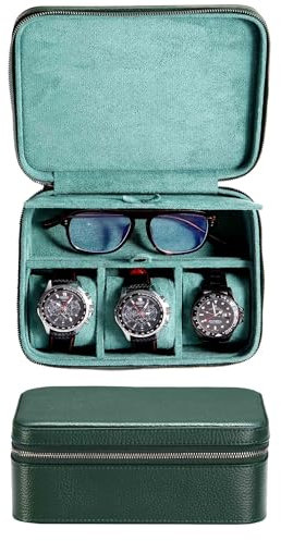 SYENS Scatola per orologi in vera pelle da uomo, custodia da viaggio con scomparto per occhiali, borsa in vera pelle goffrata per 3 orologi, rotolo da viaggio, cerniera (verde)