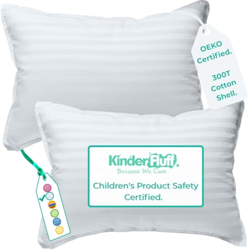 kinder Fluff Children Pillows (2pk) - The only Cushion for Kids 300T Soft Cotton & Down Alternative Fill - Hypoallergenic, Machine Washable, Ideal Pillow for Kids Bed & Travel Pillow (43x66cm- White)