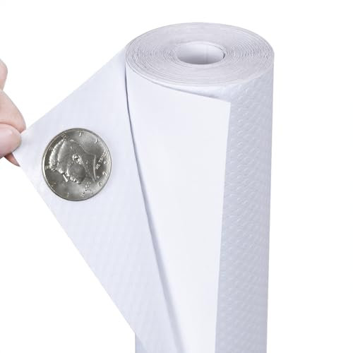 Hersvin 50cmx500cm Tappetino per Cassetti, Tappetini Adesivo Eva Plastica Rotolo Carta per Mensola Cassetto Frigorifero Tavolo Mobile Cucina Lavello Ripiani (Bianco, Adesivo)
