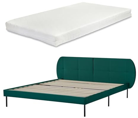 [en.casa] Lit Capitonné avec Matelas à Mousse Froid Lit Double avec Sommier à Lattes Tête de Lit Rembourré Capacité de Charge 220 kg Bois de Pin Contreplaqué Polyester 160 x 200 cm Vert Foncé