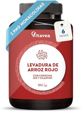Levadura Roja de arroz con Coenzima Q10 y Cilantro - Baja el colesterol - 2,9mg de Monakolina k - Dosis óptima con Q10 - Vegana - 180 cápsulas - 6 meses de suministro - Vitavea