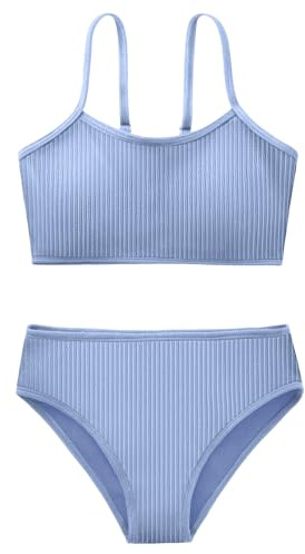 Girl's 2 Piece Swimsuit Solid Spaghetti Strap Bikini Sets Beach Bathing Suit Swimwear for Teen Kids Gray Blue