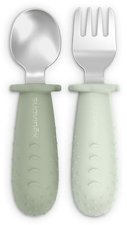 Suavinex, Posate per l'apprendimento bambini, cucchiaio e forchetta in acciaio inossidabile, Manico in silicone antiscivolo, ergonomiche, BLW,i +6 mesi, lavabili in lavastoviglie, Verde