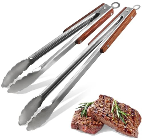 Stainless Steel BBQ Tongs 34.5 & 44.5 cm, Grill Tongs Barbecue Accessories with Locking Mechanism & Heat-Resistant Wooden Handle Long Kitchen Tongs for Grilling Cooking