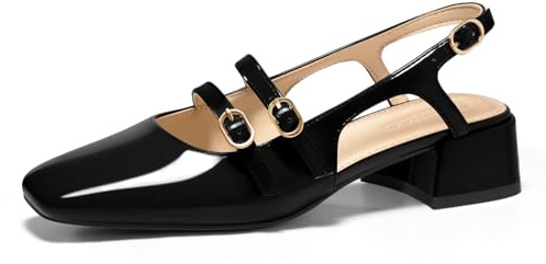 Coutgo Womens Mary Jane Chunky Low Heels Slingback Pumps Closed Square Toe Wedding Dress Shoes, Black, Size 11