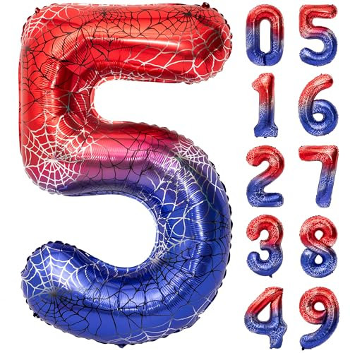 40 Inch Red and Blue Spider Theme Large Number 5 Balloon Giant Foil Balloons for Spider Theme Party Boy or Girl 5 th Birthday Wedding Anniversary Baby Shower Party Decorations