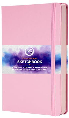 Sketchbook Journal Acid-Free 160gsm Paper 120 Pages (60 Sheets) Sewn Binding 5.8 X 8.3 A5 Leatherette Cover Watercolour Sketch Book for Artists Mixed Media Use (Pink)