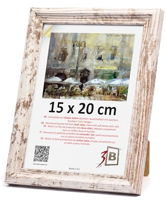 3-B Cornice portafoto MORI – Bianco vintage (Rustico con venature del legno visibili) – 15 x 20 cm – Cornice in legno, cornice portafoto, cornice per ritratti con vetro acrilico