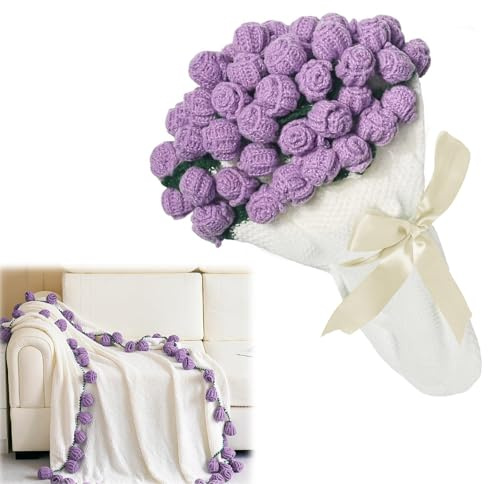 YuLiMirich Flower Bouquet Blanket – 80 x 80 cm finito a mano Crochet Rose Blanket, coperta con rose all'uncinetto, morbida e leggera, decorazione per la casa – viola