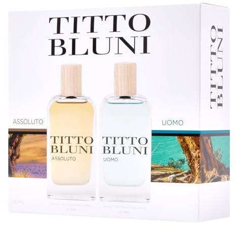 TITTO BLUNI - Assoluto y Uomo 75 ml, Estuche de Regalo Hombre, Perfume Formato Spray, Eau de Toilette Natural y Masculina, Aroma Floral Amaderado, Fragancia Fresca y Duradera