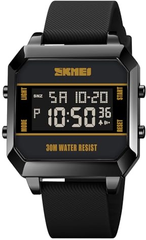 Aumotop Digital Watch Vattentät Bakgrundsbelysning Stoppur Alarm Dual Time för Män Kvinnor 30M WR Chime Countdown Timer för Sportproffs Gul PU-rem (Svart)