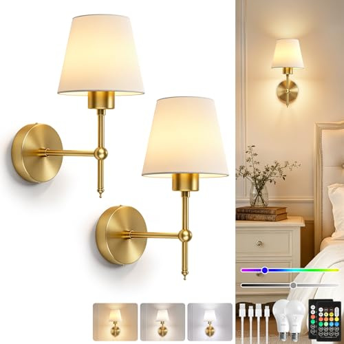 Dehobo Aplique Pared Interior Sin Cable, Oro Aplique Pared Interior 2 Pieza | Apliques de Pared LED Recargables con Batería, 3 Temperaturas 12 RGB Mando - Ideal Applique para Dormitorio Salón Pasillo