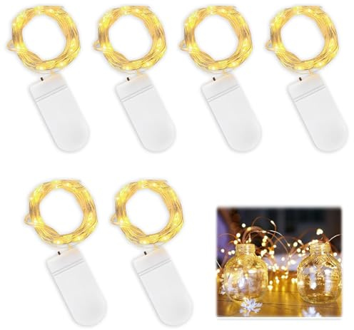 6 Pcs Fairy Lights Battery Operated, 2 Meter 20 Leds Silver Wire String Light Micro Led String Lights Copper Wire Fairy Lights For Indoor Outdoor Bedroom Christmas Party Wedding Decoration, Warm White