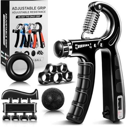 Flintronic 5Pcs Hand Grip Musculation, Entraîneur de Doigts Réglable 5-60kg, Entraînement de Musculation Avant Bras, Hand Grip avec Compteur, Anneau d'exercice, Balle Anti-Stress, Exerciseur de Doigts
