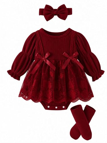 JiAmy Baby flicka klänning 3-delat set outfit långärmad bekväm 0–18 månader | Tutu festlig nyfödd dop tyllklänning med hårband strumpbyxor
