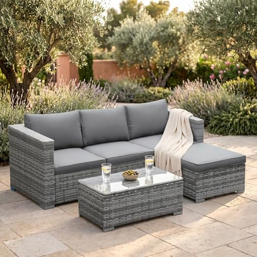 Quipulse All-Weather Rattan Garden Sofa Set with Cushions – 4-Seater Outdoor Patio Furniture,Waterproof Wicker Sectional Couch for Backyard,Terrace,Balcony,Lounge,PE Rattan Outdoor Sofa