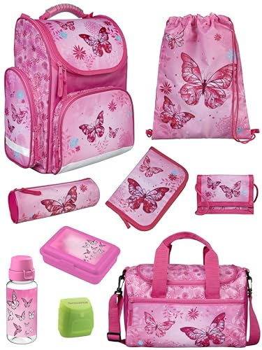 Familando - Schulranzen Set CLOU - 9-teilig mit Sporttasche - Schmetterlinge - Ergonomisch, Stabil & mit gepolstertem Rücken - 930g leicht - 15L Volumen - Mit Reflektoren - ab 1. Klasse